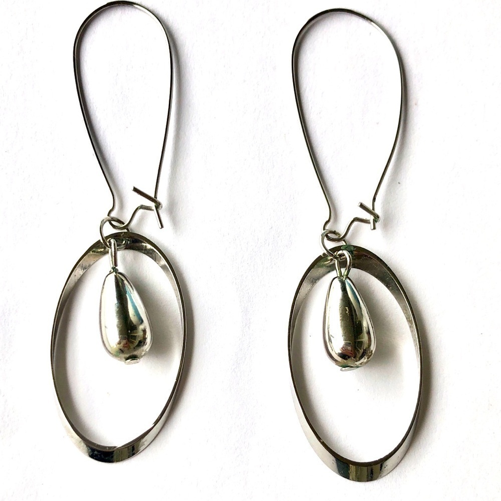 Long Drop Hoop Silver Tone Minimalist Earrings